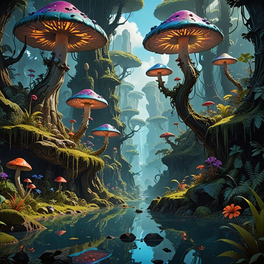 Ethereal Jungle Landscape with Bioluminescent Flora and Faun...