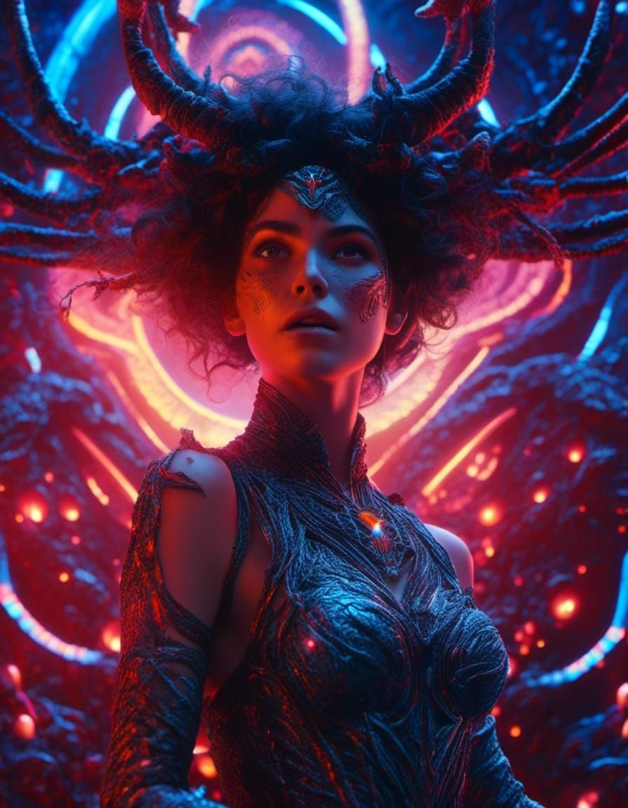 Angry Woman with Antlers in Pen and Ink Style