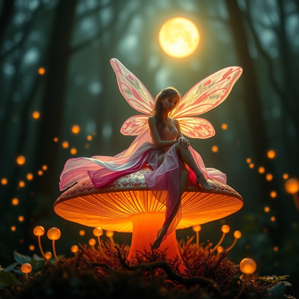 Fairy on Mushroom in Moonlit Forest, Cinematic Lighting