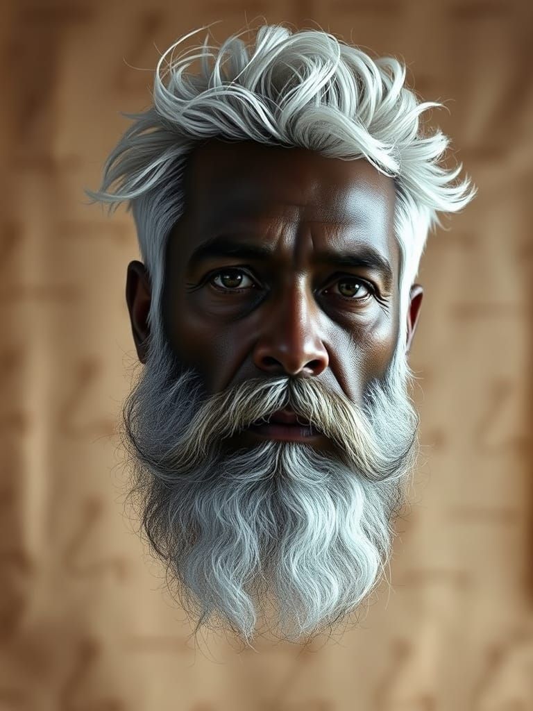 Portrait of Man with Dark Skin, White Hair, and Beard
