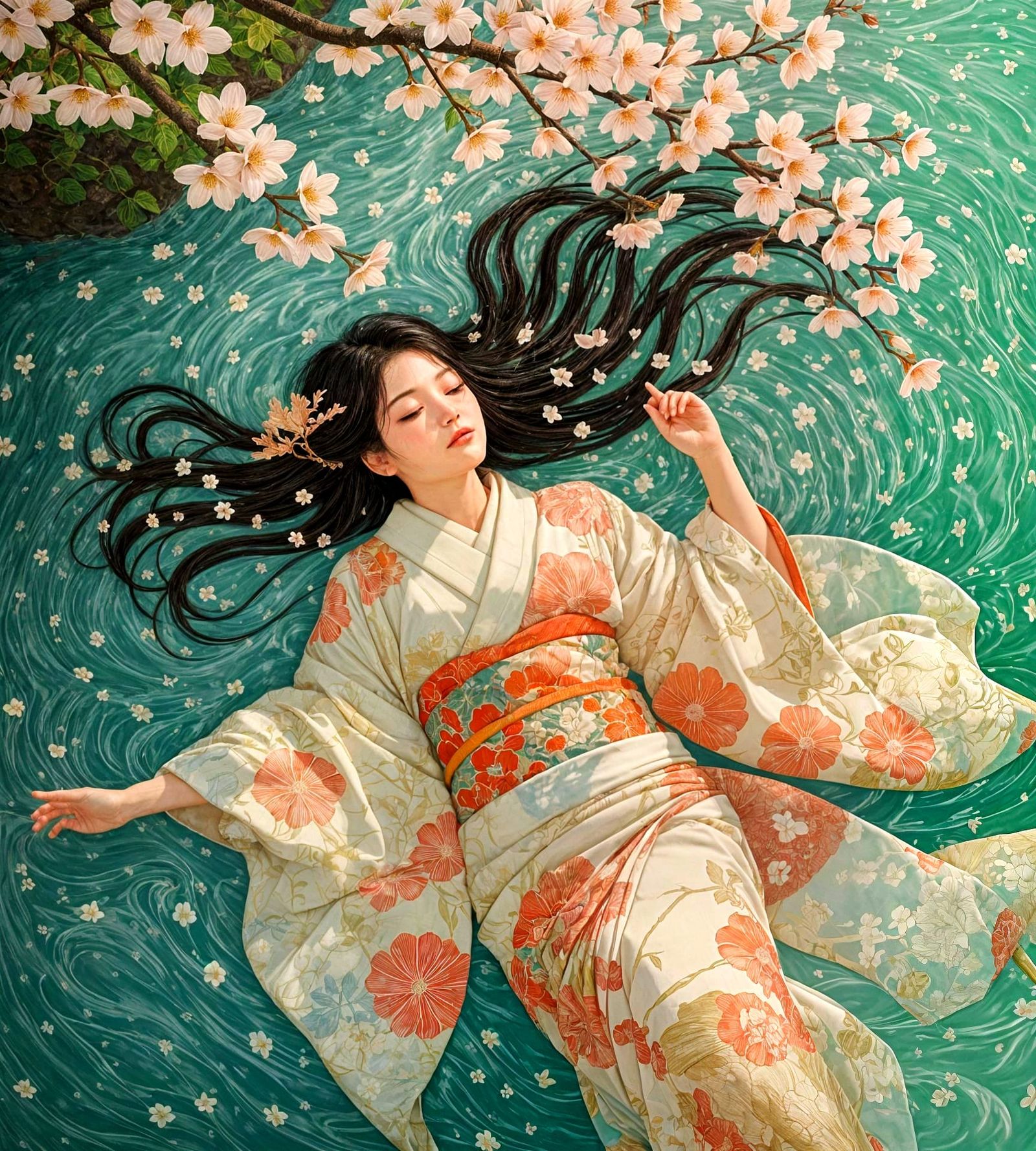 Ethereal Japanese Woman in Stream: Ukiyo-e Style
