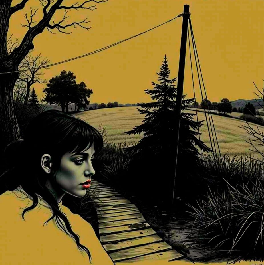 Colorful Landscape with Pink Figure and Golden Leaves