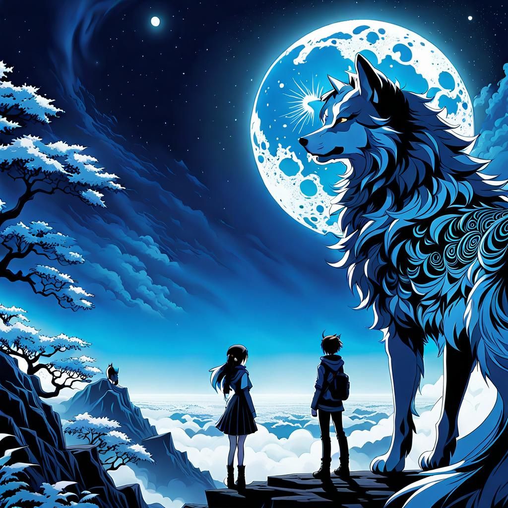 Anime Girl and Boy with Wolf Moon