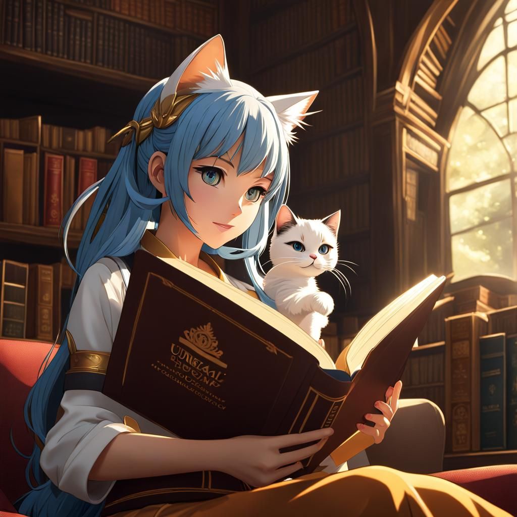 Anime Cat Girl Reading: Detailed Fantasy Portrait