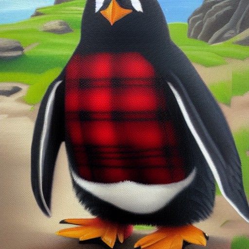Rockhopper Penguin in Plaid Shirt, Oil Painting Style