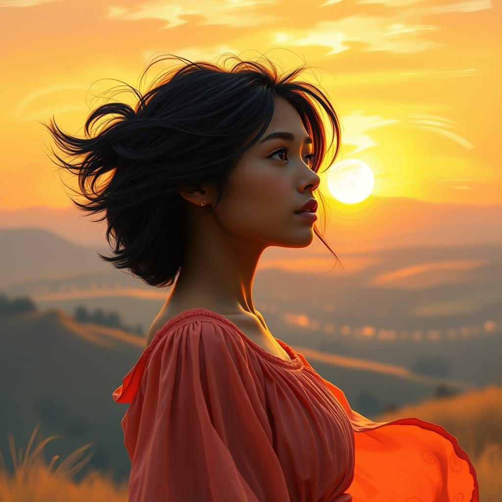Woman in Warm Golden Light, Hopeful and Contemplative