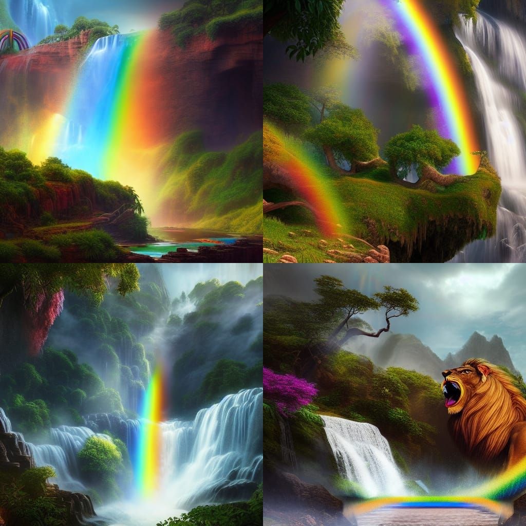 Rainbow Lion Waterfall: Detailed Fantasy Art