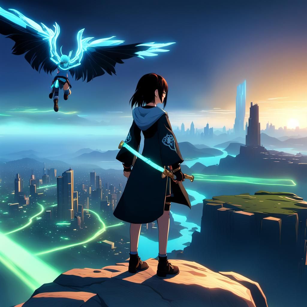 Anime Woman Gazing at Futuristic Cityscape in 3D