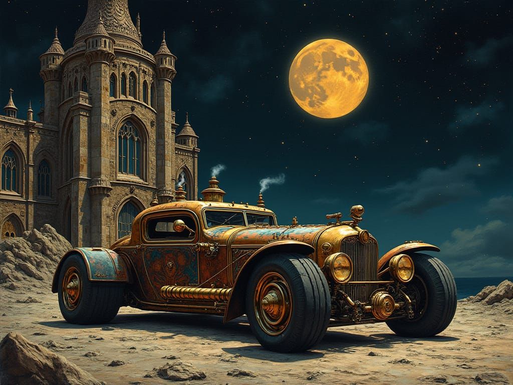 Heavy Metal Steampunk Car Under Victorian Architecture