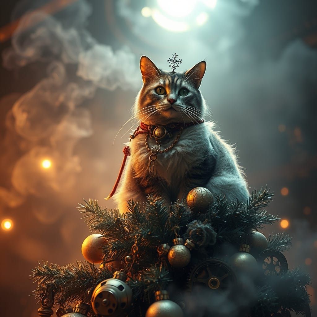 Steampunk Christmas Cat Amidst Victorian-Era Splendor