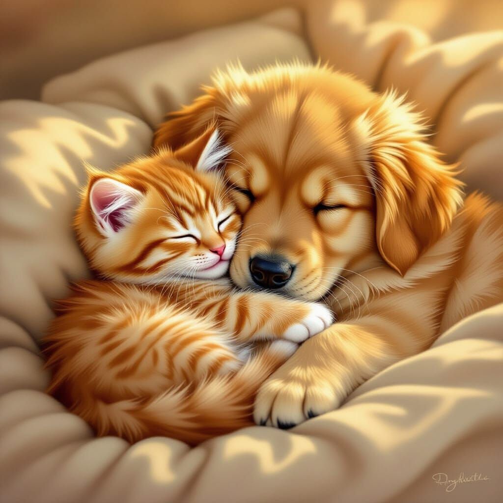 Adorable Kitten and Puppy Sleeping Peacefully