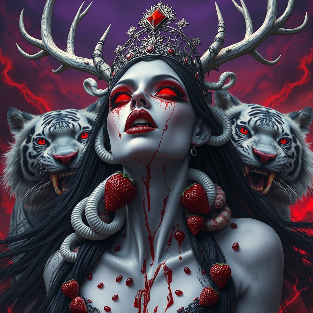 Gothic Queen with Deer Horns and Snakes