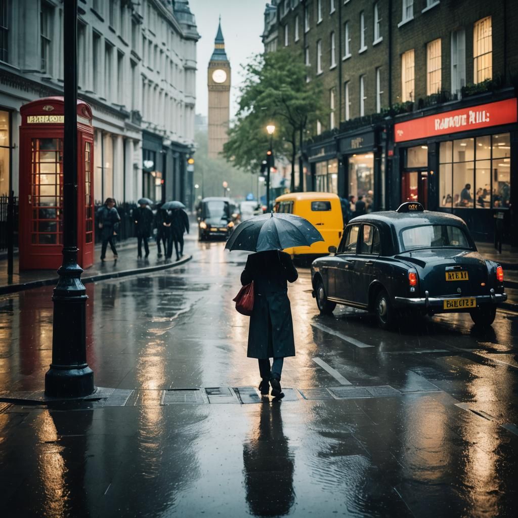 Rainy London Street Scene in Westminster