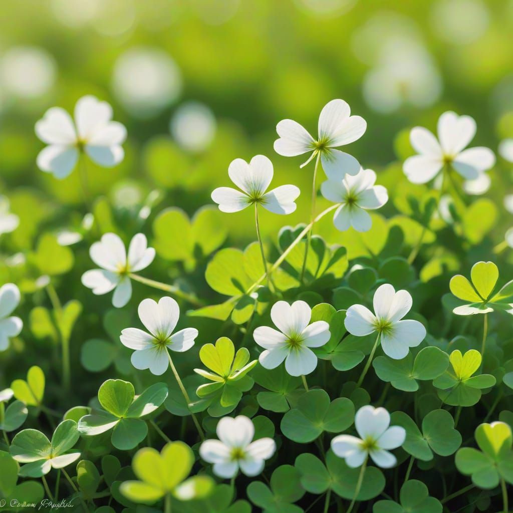 Impressionist Close-up of Four Leaf Clovers in a Serene Gree...