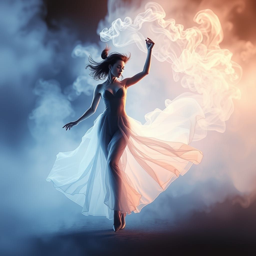 Cyberpunk Goddess Dancing Amidst Ethereal Smoke