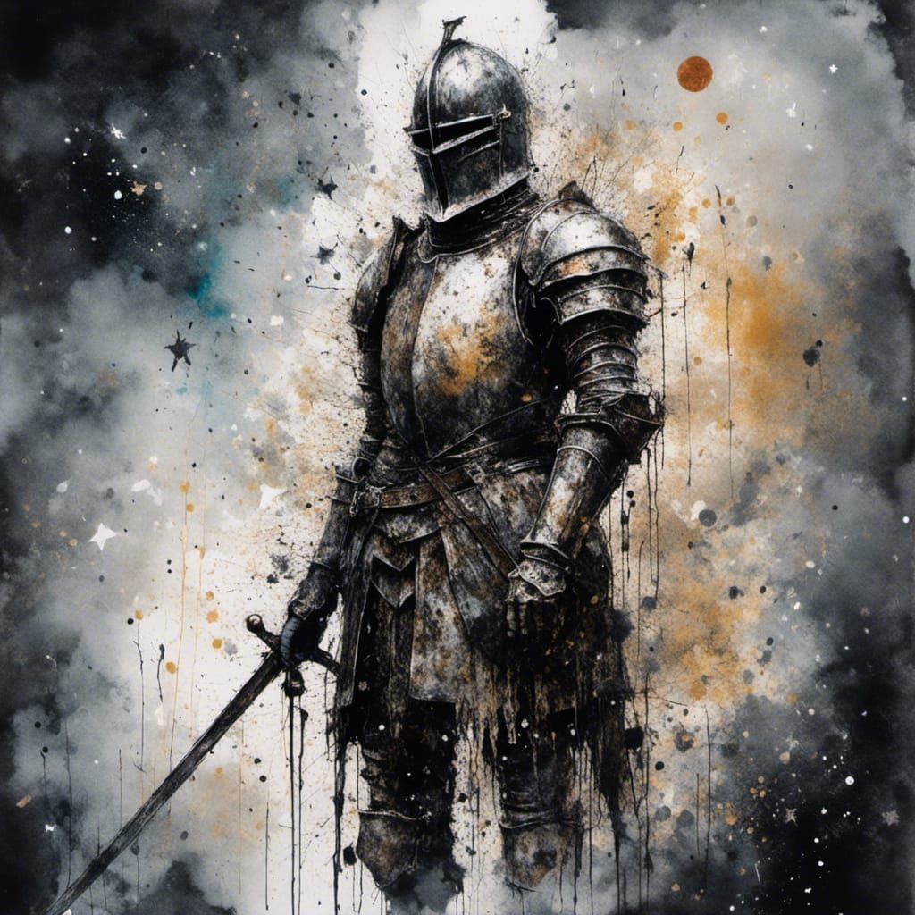 Watercolor Knight Under Glittering Night Sky