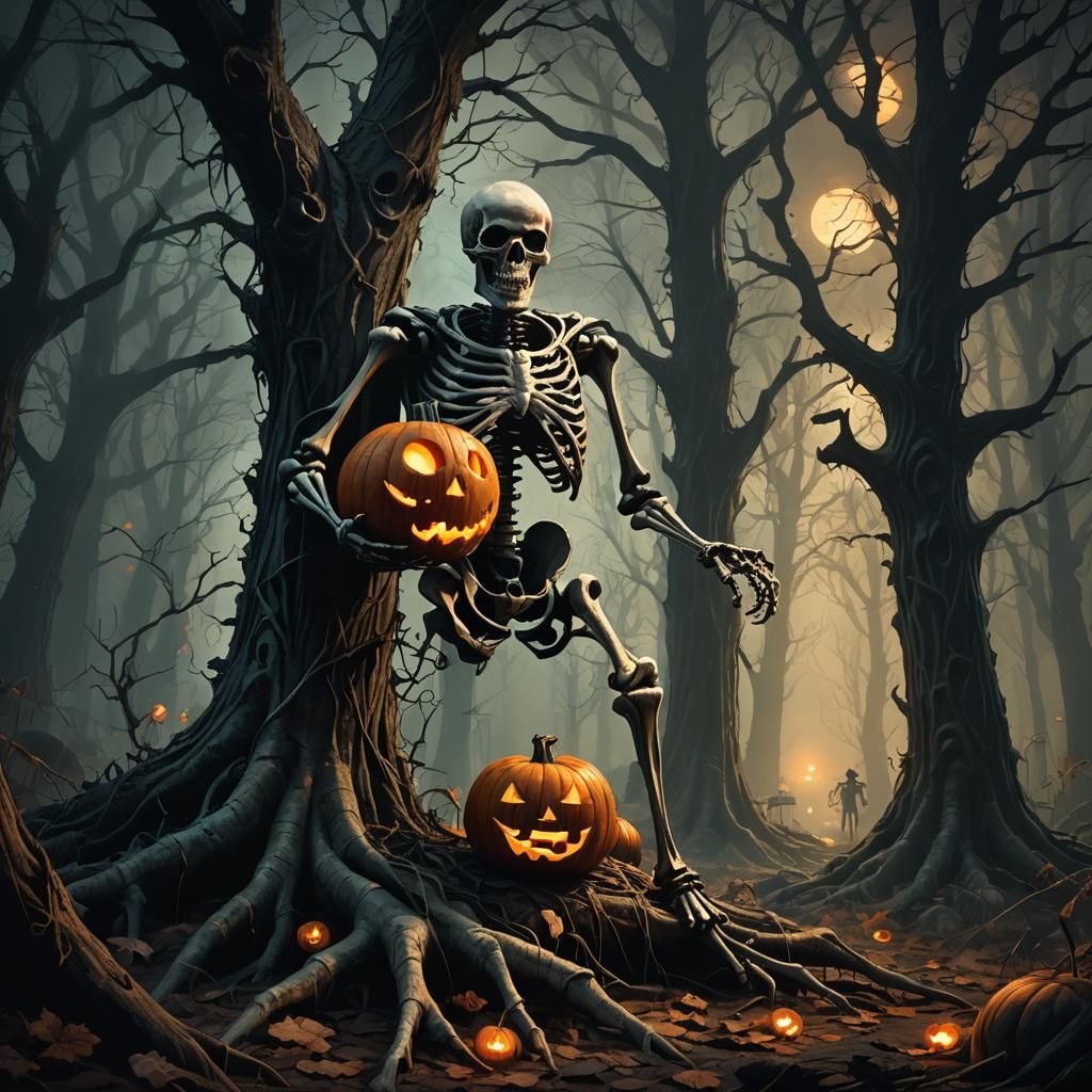 Eerie Pumpkin and Skeleton in Dark Fantasy Style