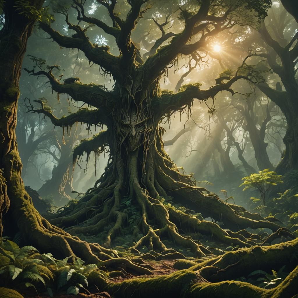 Enkidu's Death in Ancient Forest: Fantasy Art