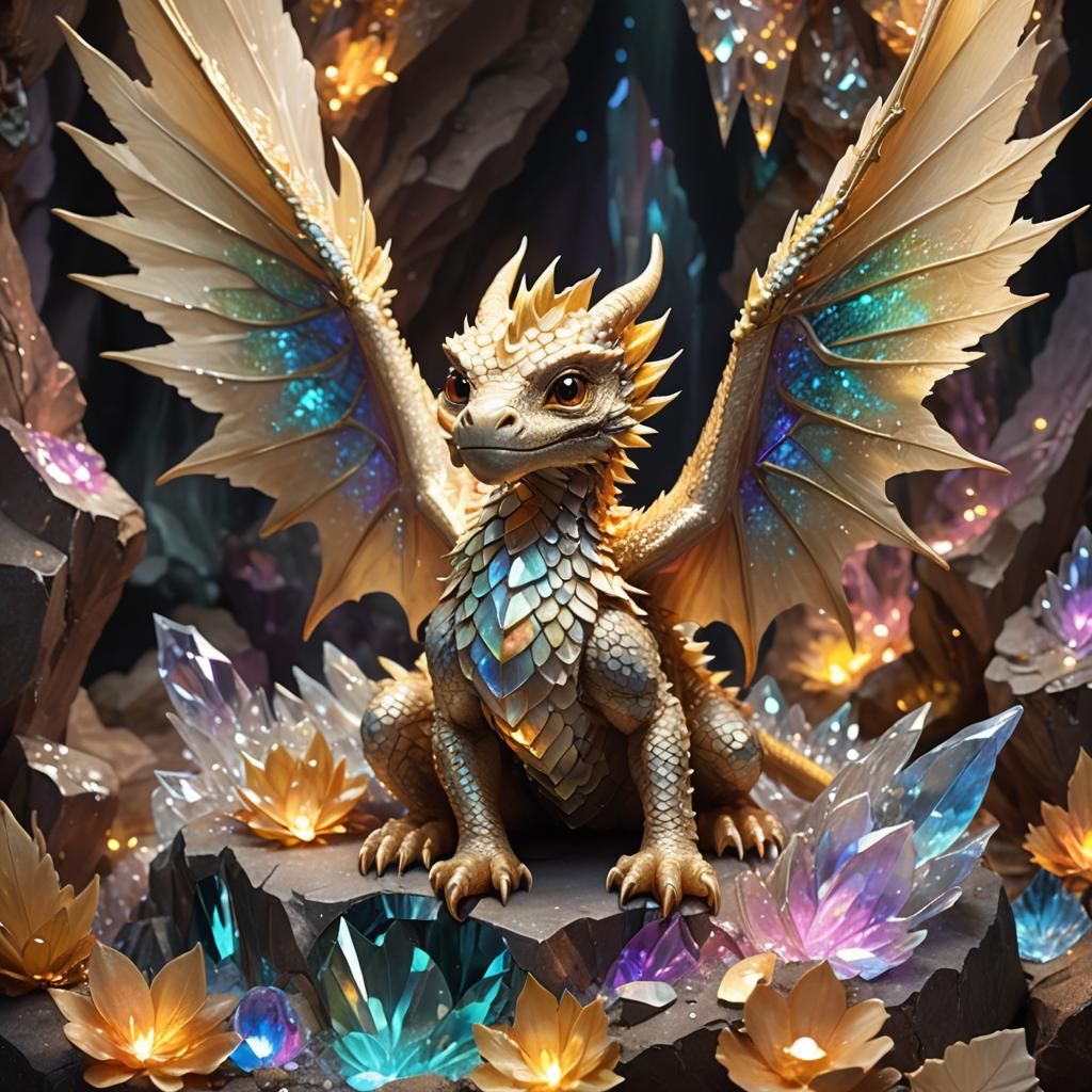 Imp in Crystal Cave Holding Baby Dragon