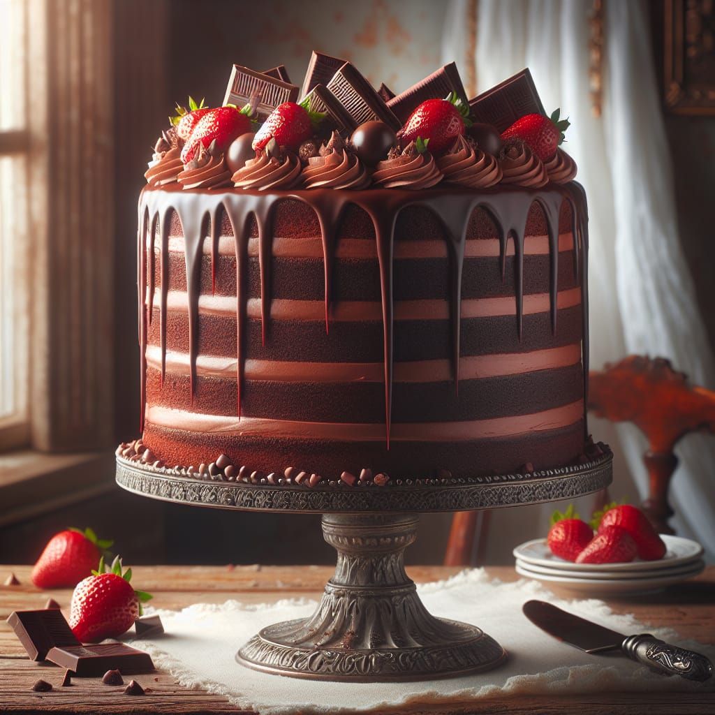 Rich Chocolate Cake with Velvety Frosting and Toppings