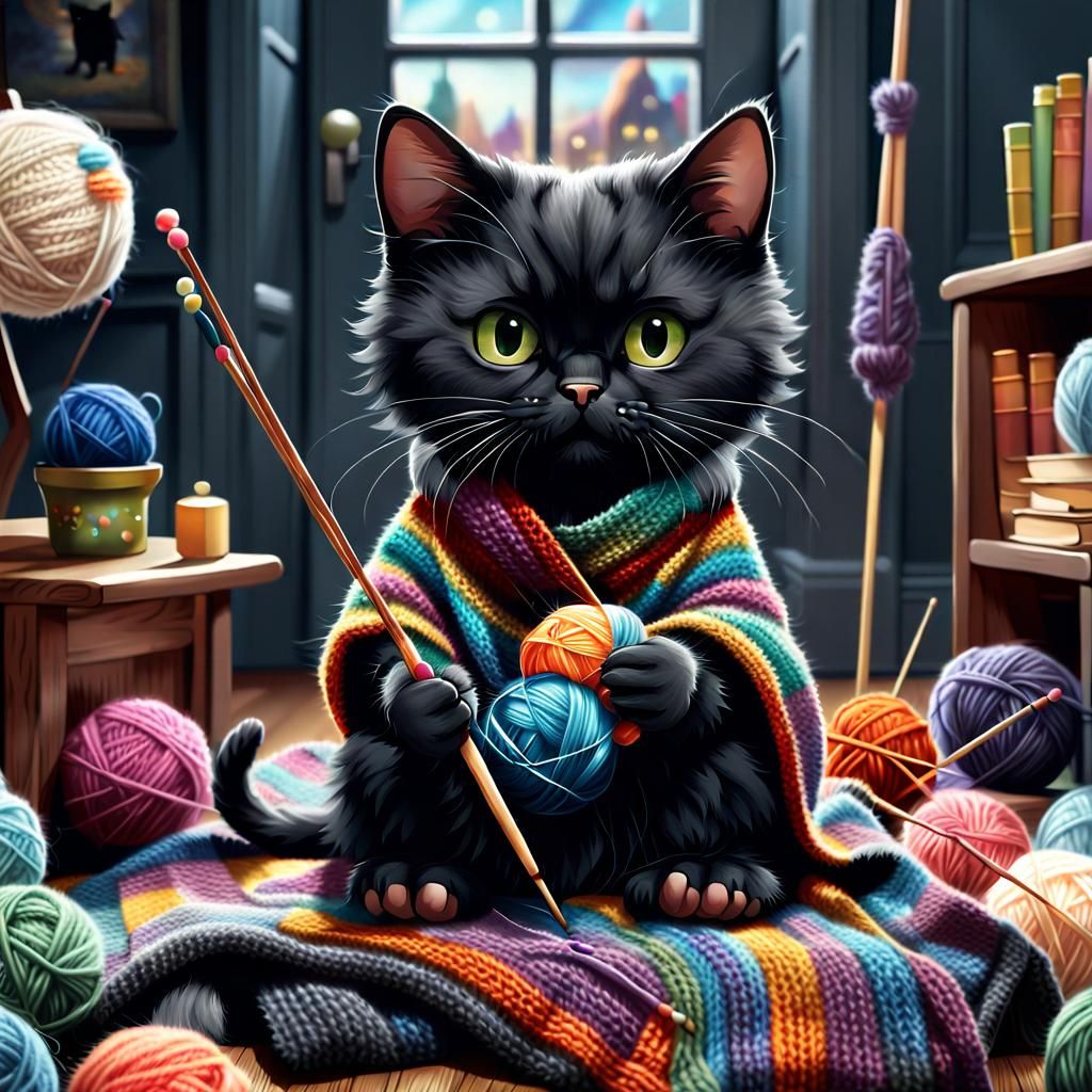 Hyperrealistic Pixar Cat Knitting Mouse Blanket