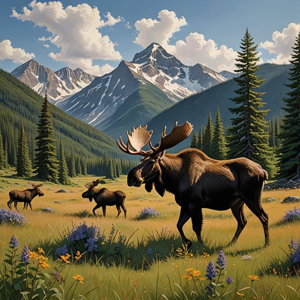 Moose in Mountain Meadow Landscape