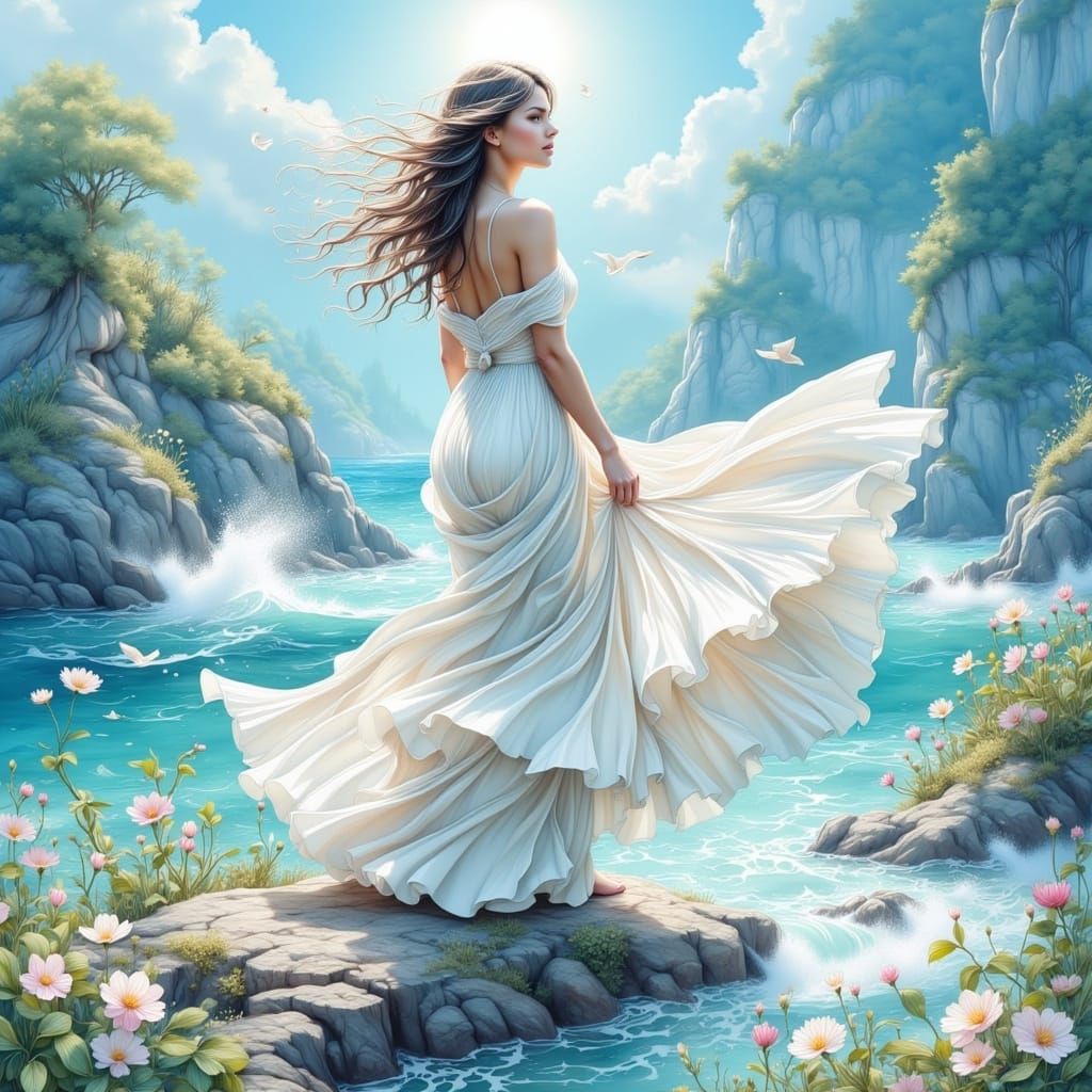 Ethereal Woman on Misty Cliff in Art Nouveau Style