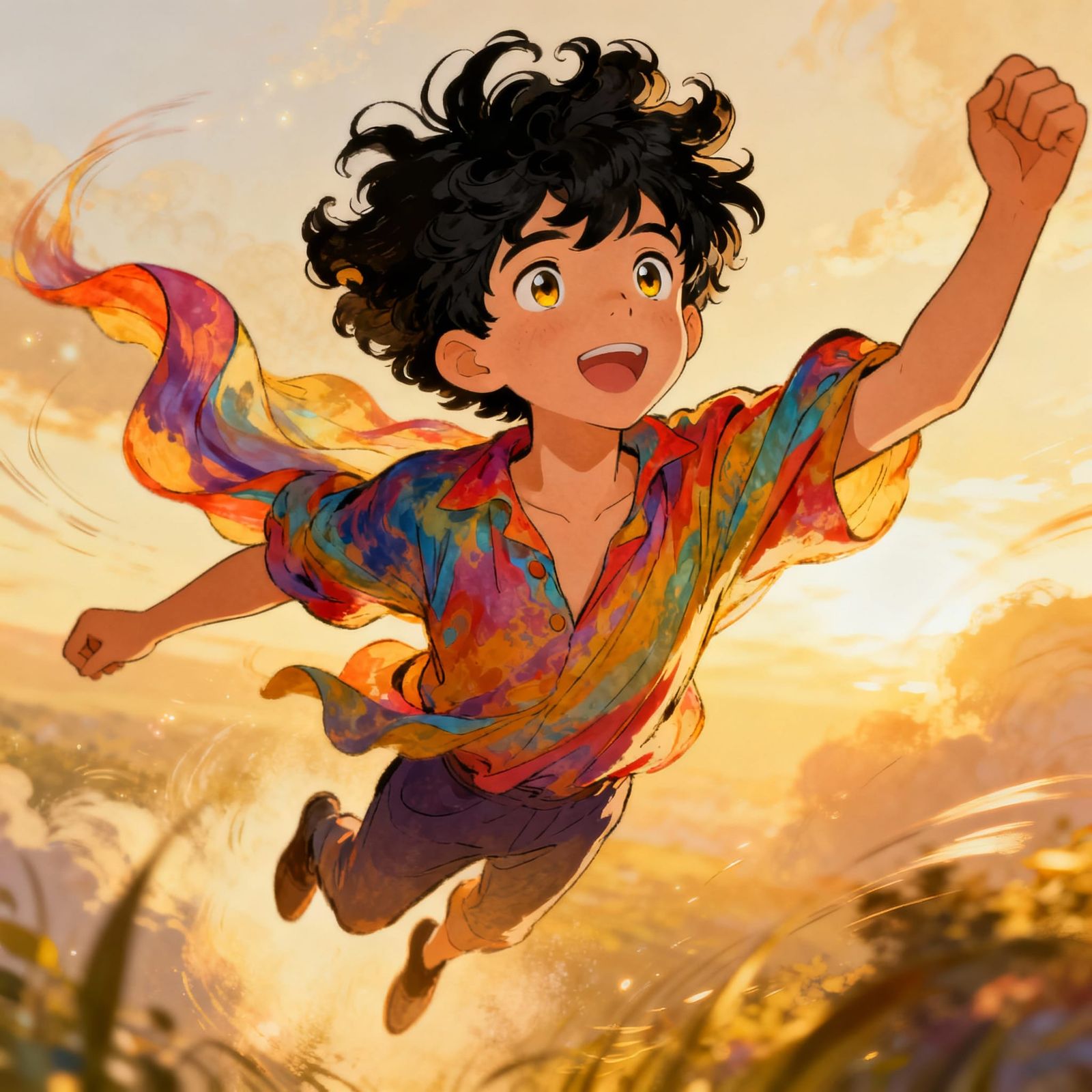 Boy Joyfully Soaring Through Air in Whimsical Illustration