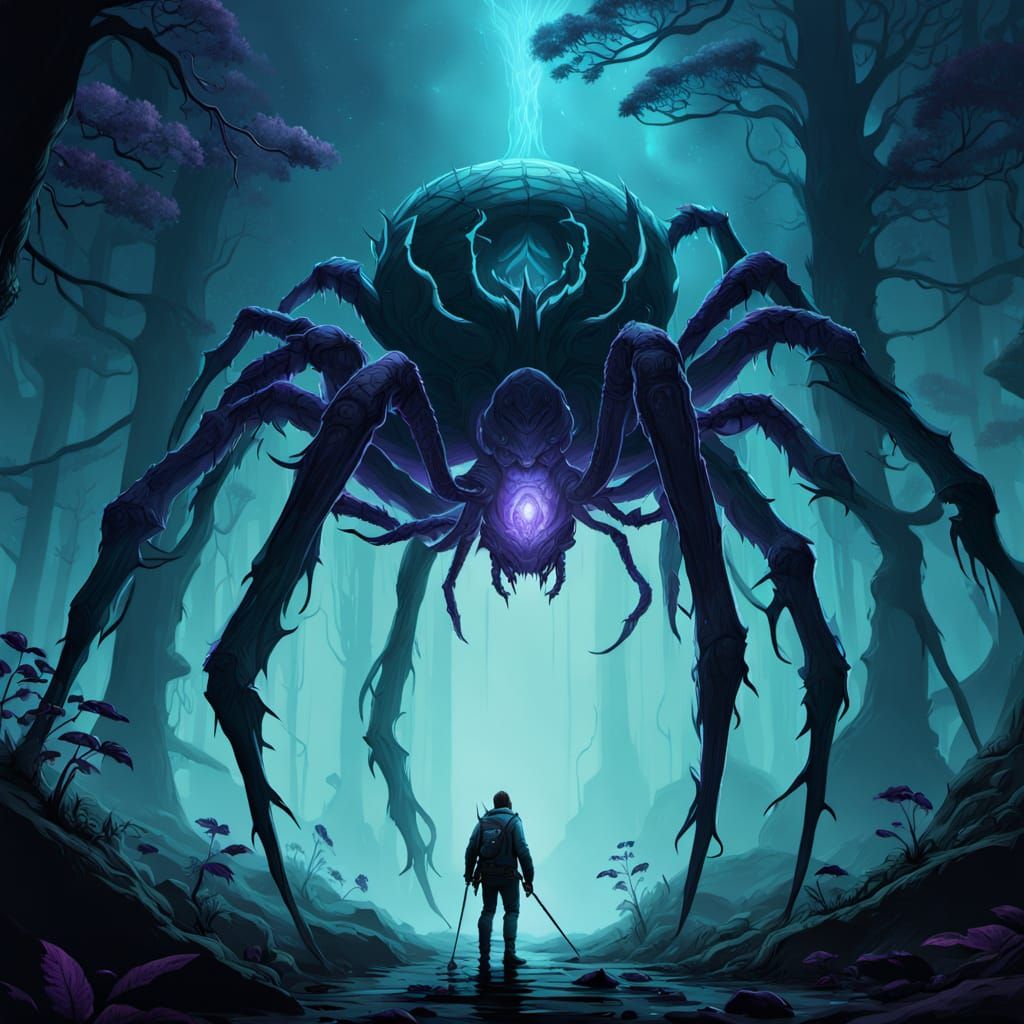 Bioluminescent Spider Descends in Misty Forest