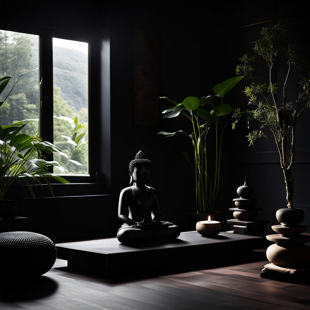 Zen Yoga Room with Buddha in Moody Lighting