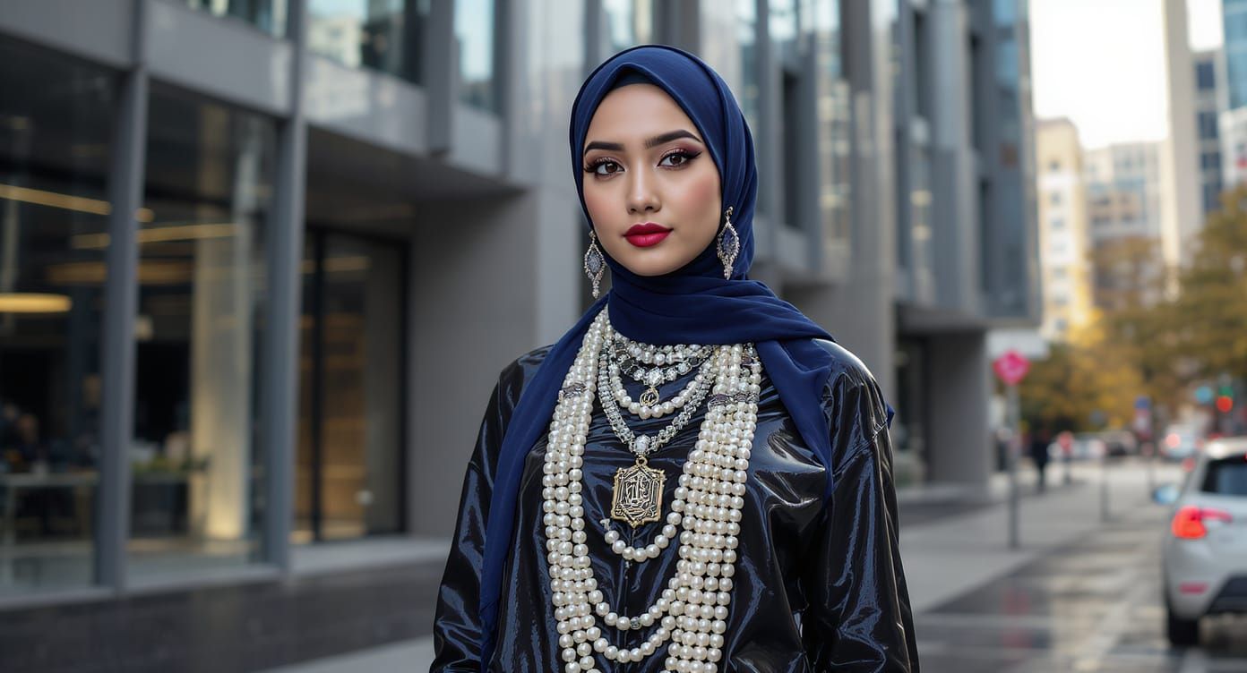 Asian Woman in Hijab with Pearl Body Chain and Arabic Jewelr...