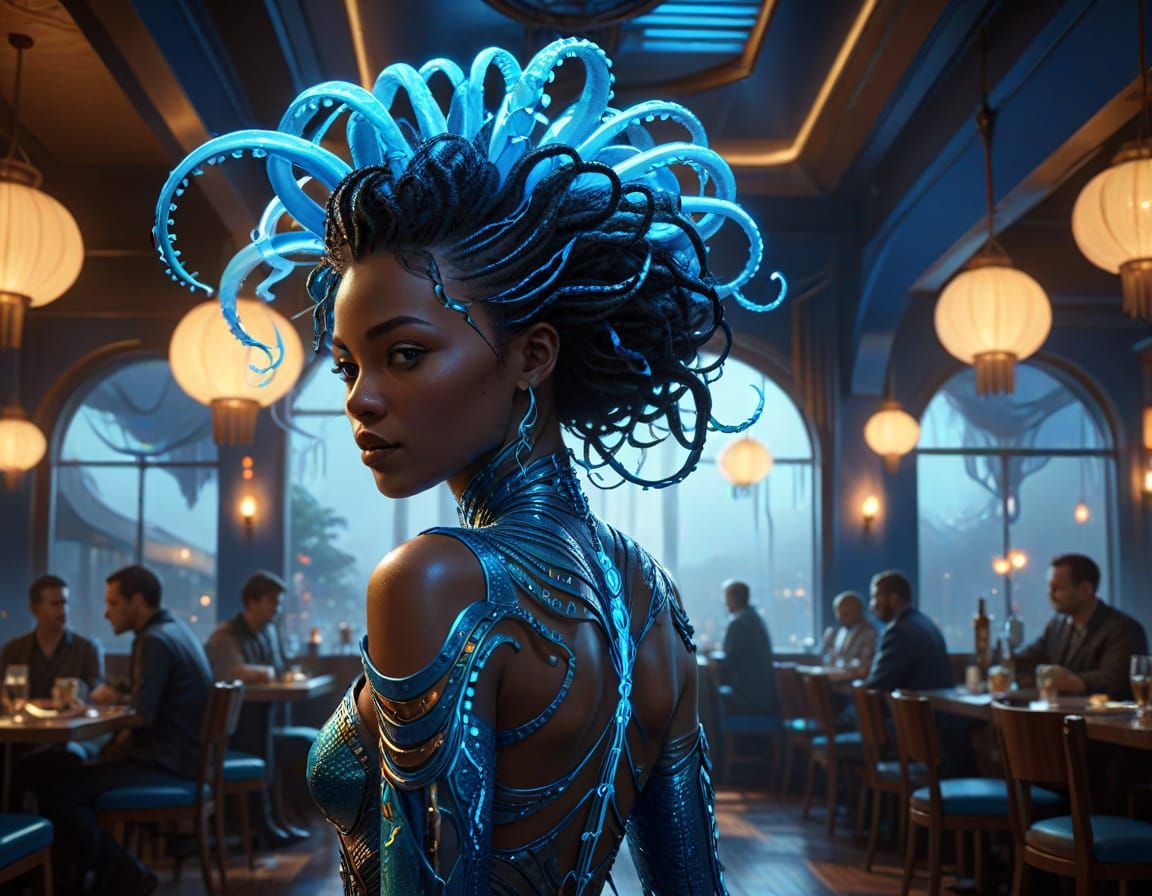Bantu Woman with Neon Blue Tentacles in Art Deco Restaurant