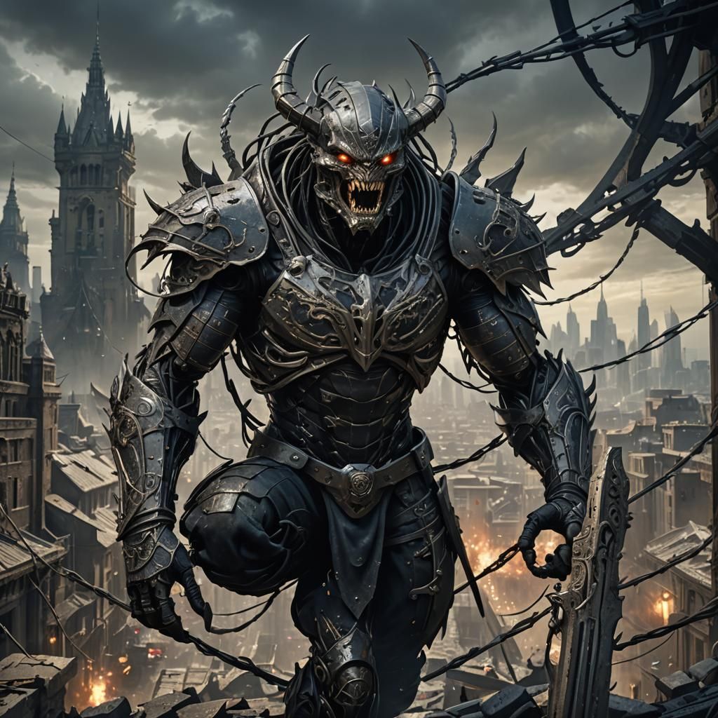 Elite Alien Warrior in Ruined Cityscape: Dark Fantasy Art