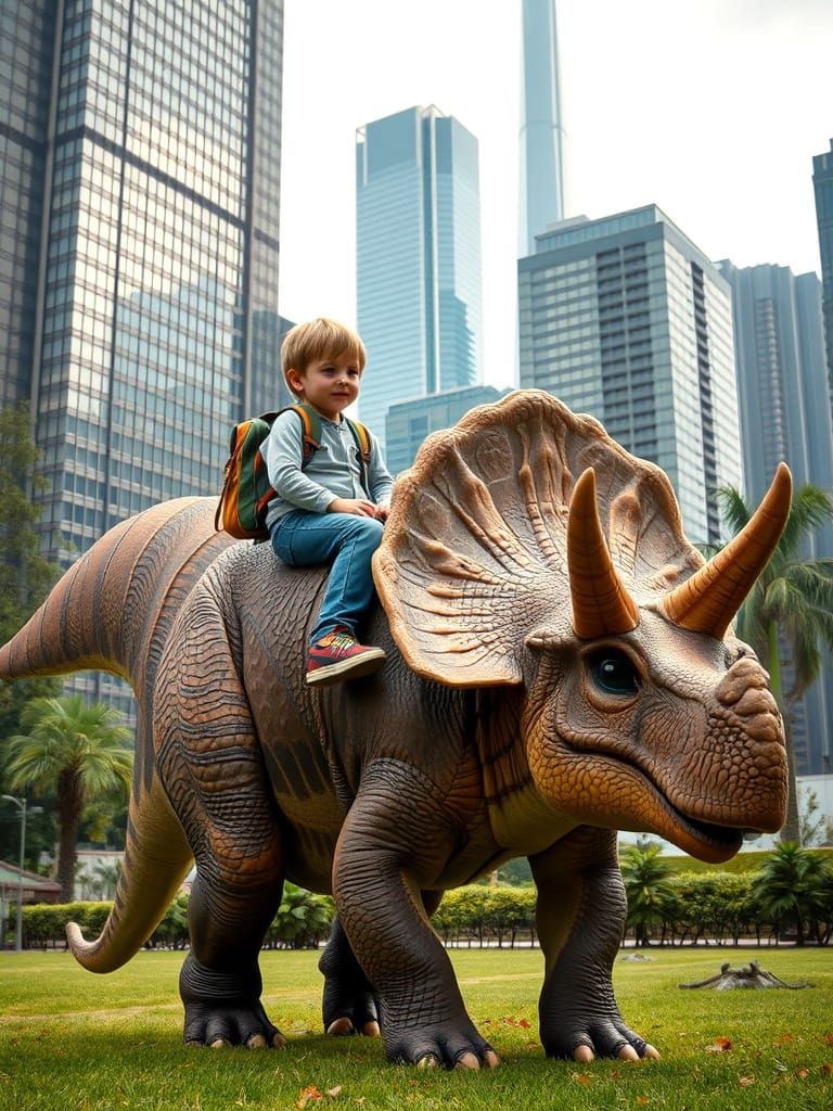 Boy Rides Dinosaur in City Park, Retro-Futurism