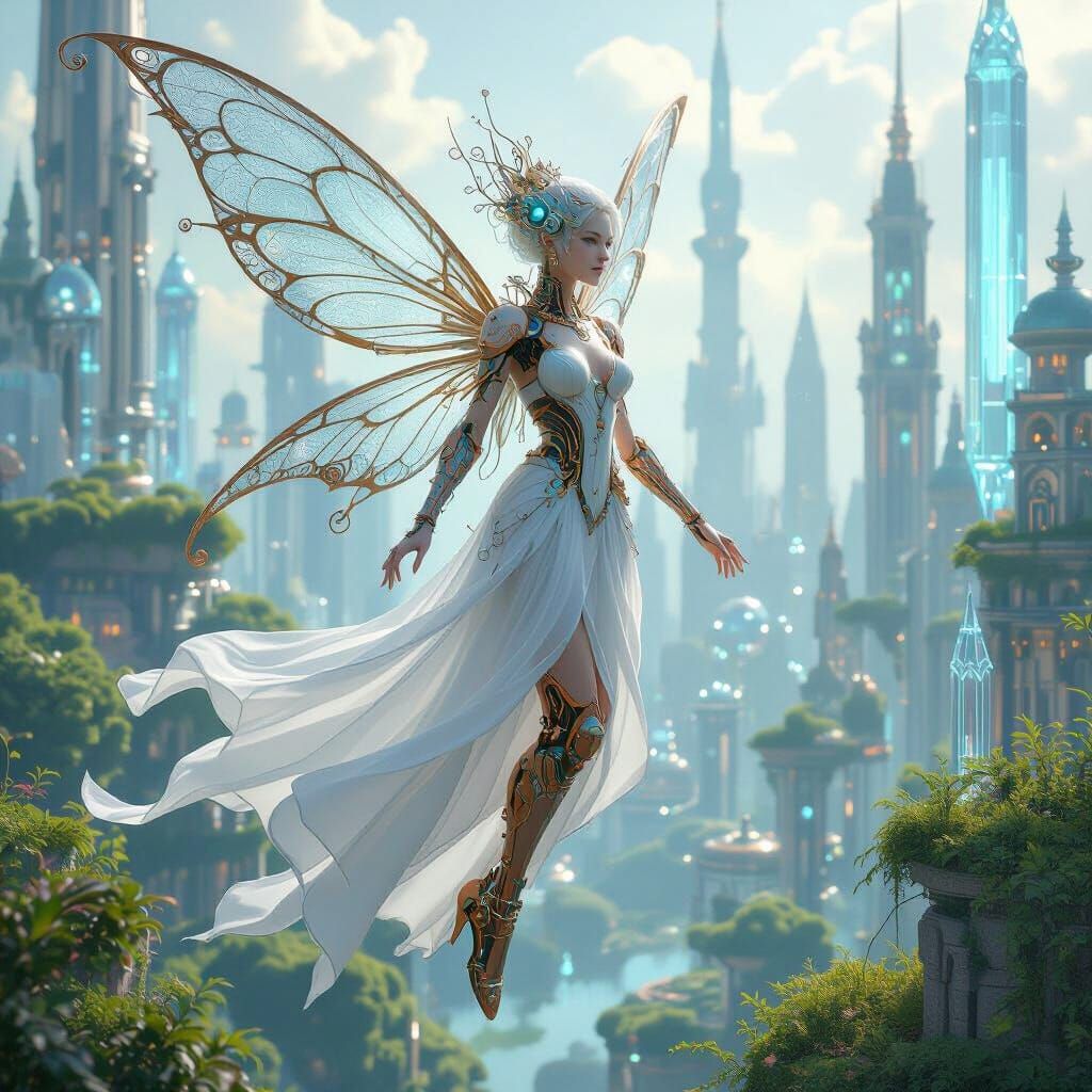 Biomechanical Fairy Flitting Through Utopian Cityscape
