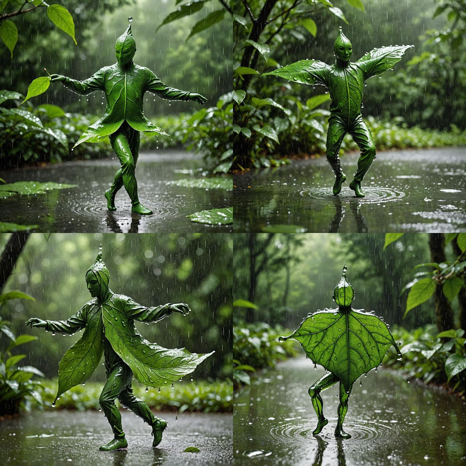 Dancing Leaf Figure in Rainy Forest Scene