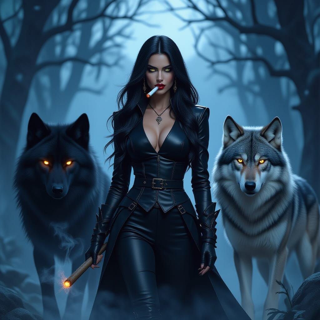 Vampire with Wolves in Gothic Forest