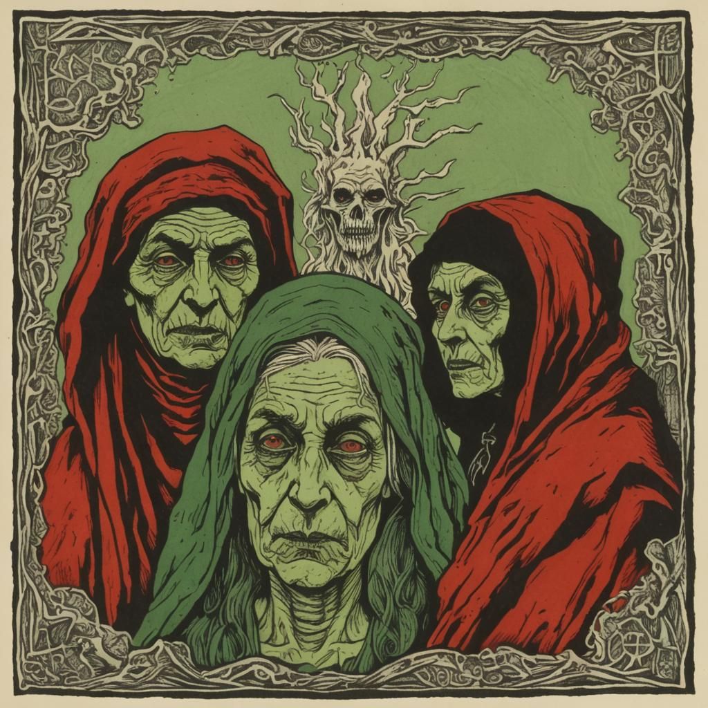 Grimdark Witch in Linocut Style with Red Fire