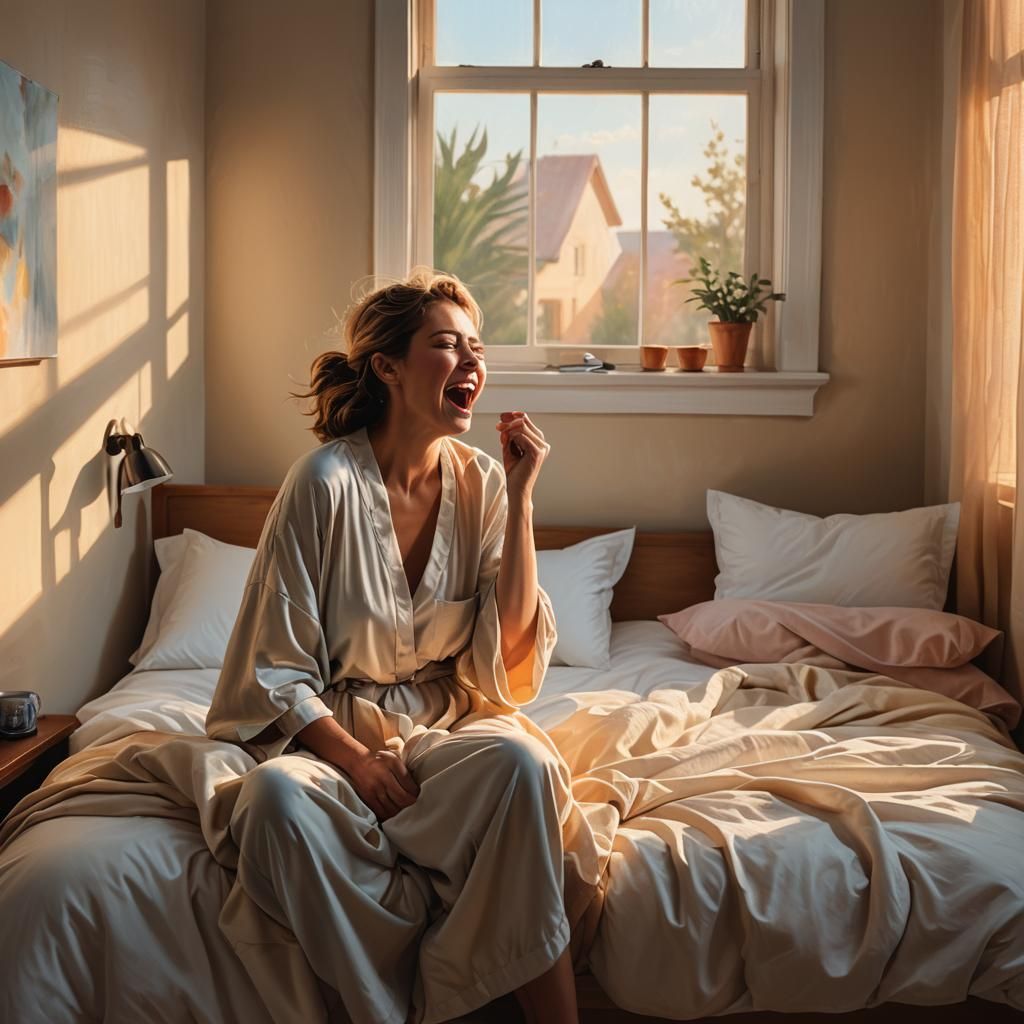 Hyperrealistic Woman Yawning in Morning Light: Oil on Canvas