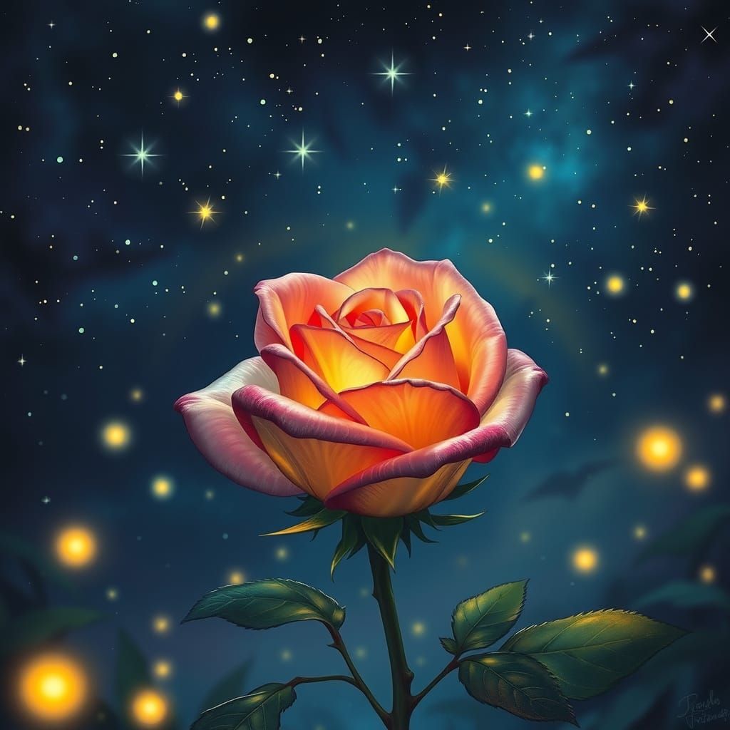 Enchanted Rose Blooms Under Starry Sky: D&D Art
