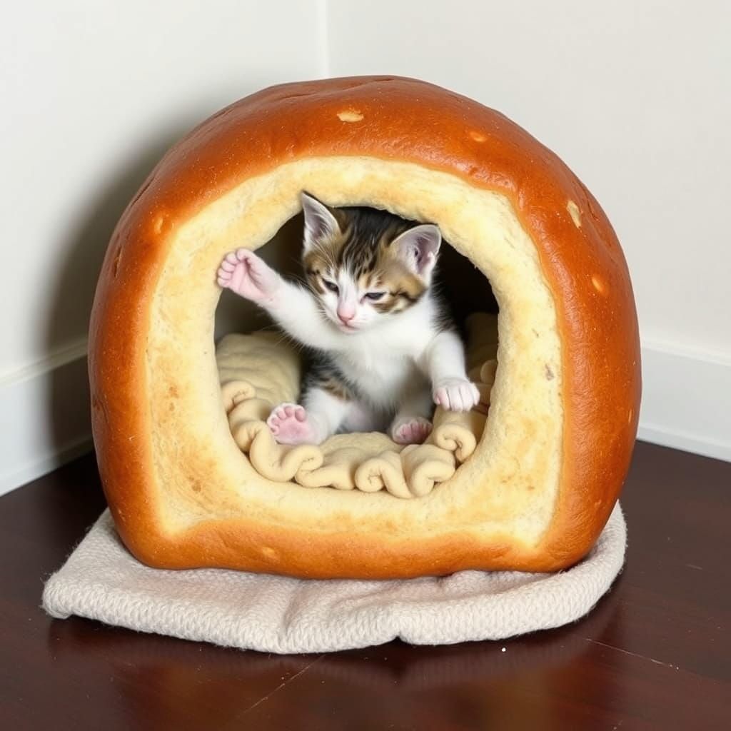 Kitten Jumps from Bread Cat Bed