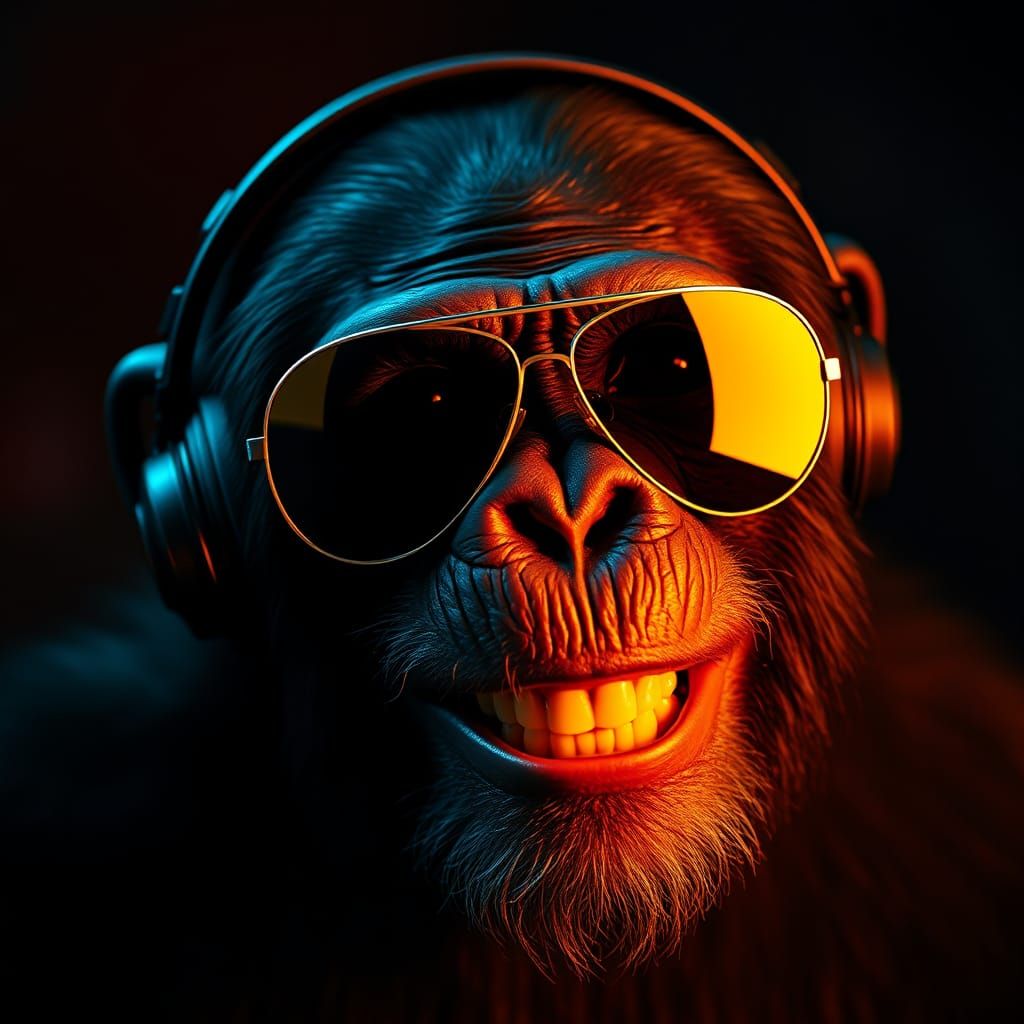 Hyperrealistic Chimpanzee with Sunglasses and Headphones