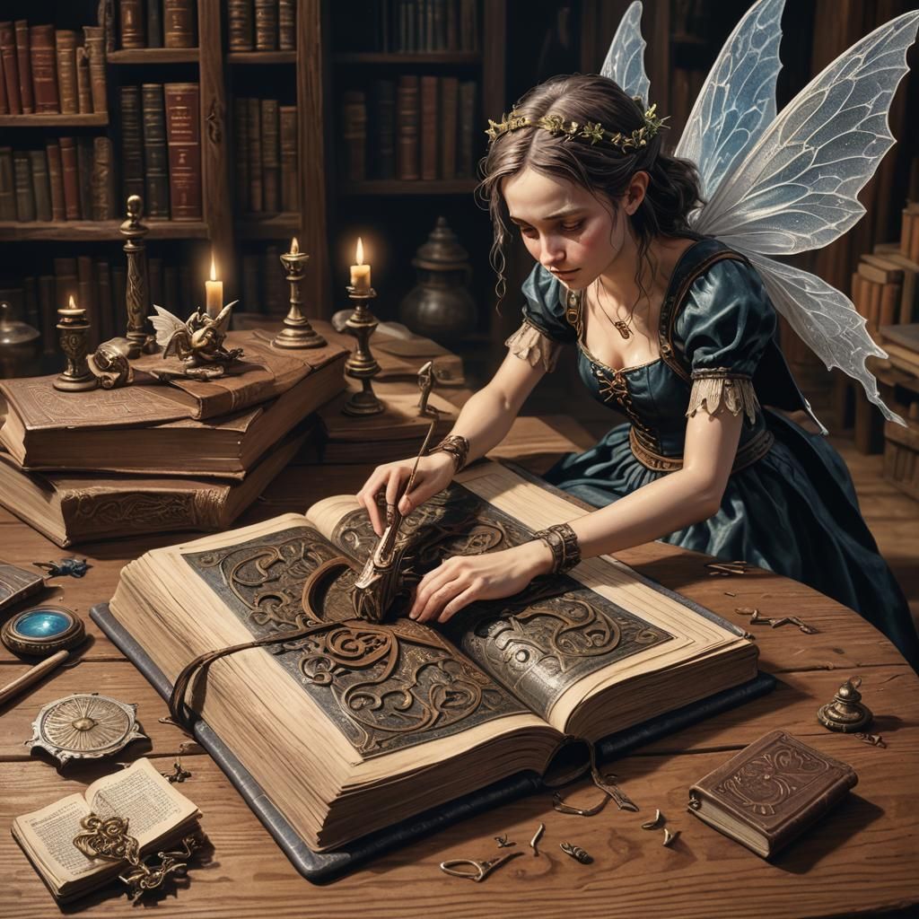 Miniature Fairy Struggles With Ancient Book
