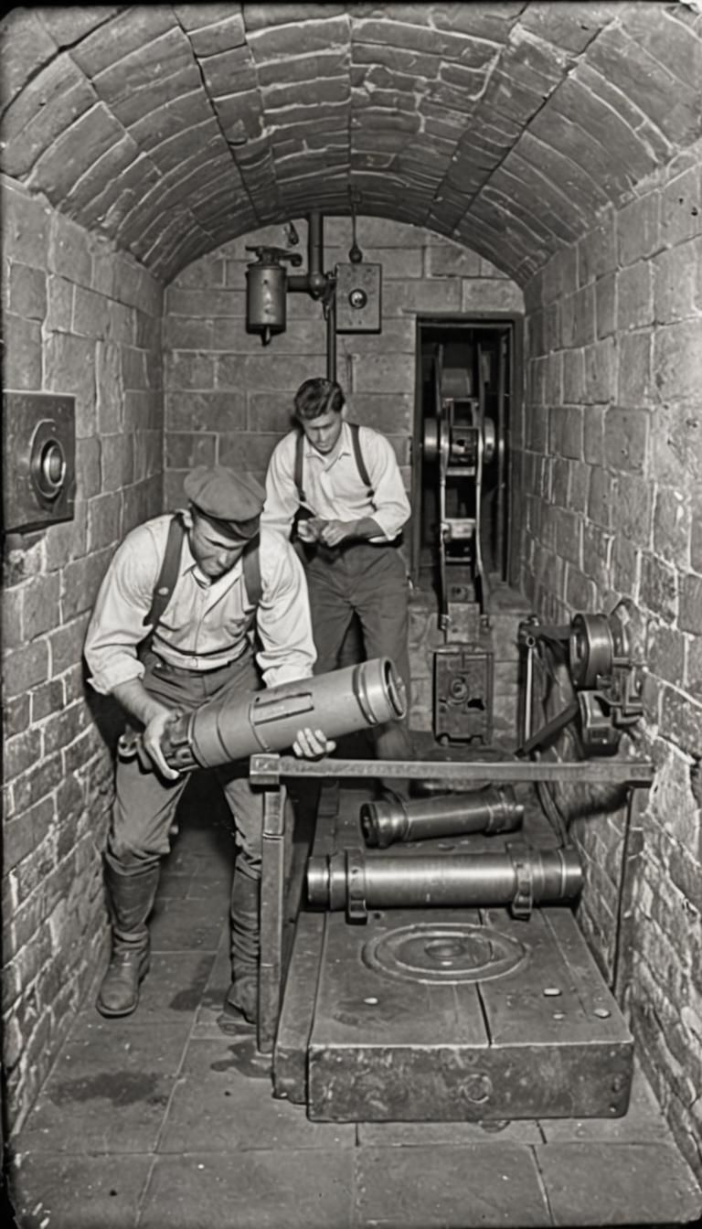 Underground Magazine Passageway with Two Men, Vintage Aesthe...