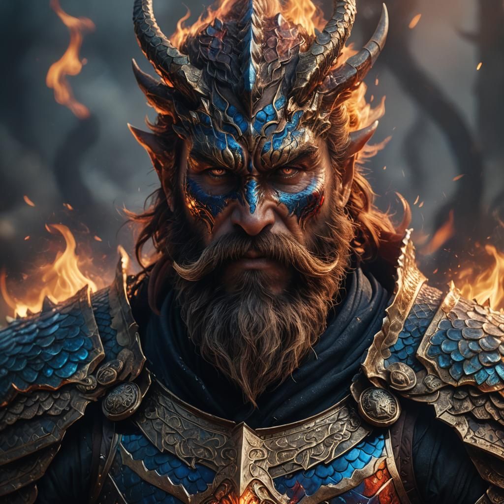 Fierce Fire-Bearded Warrior in a Mystic Realm