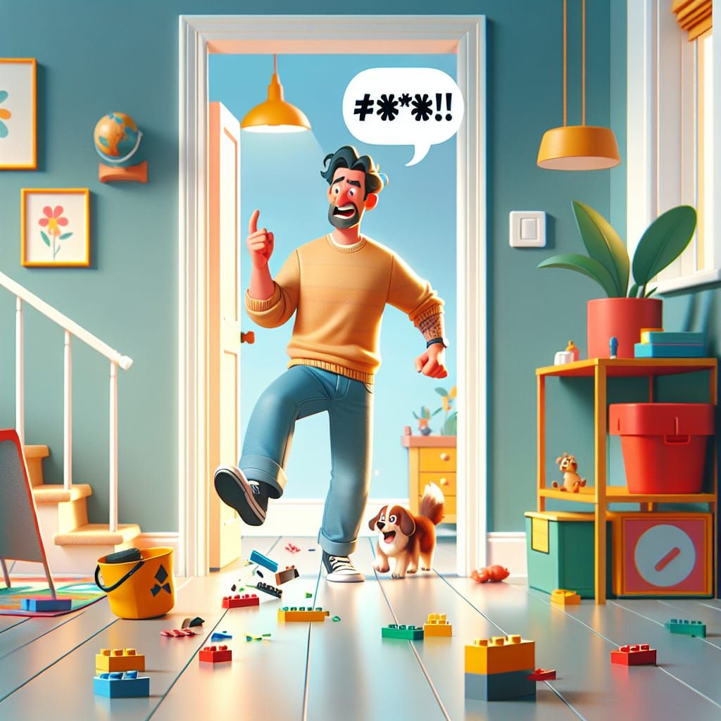 Cartoon Dad Stepping on Lego, Yelling