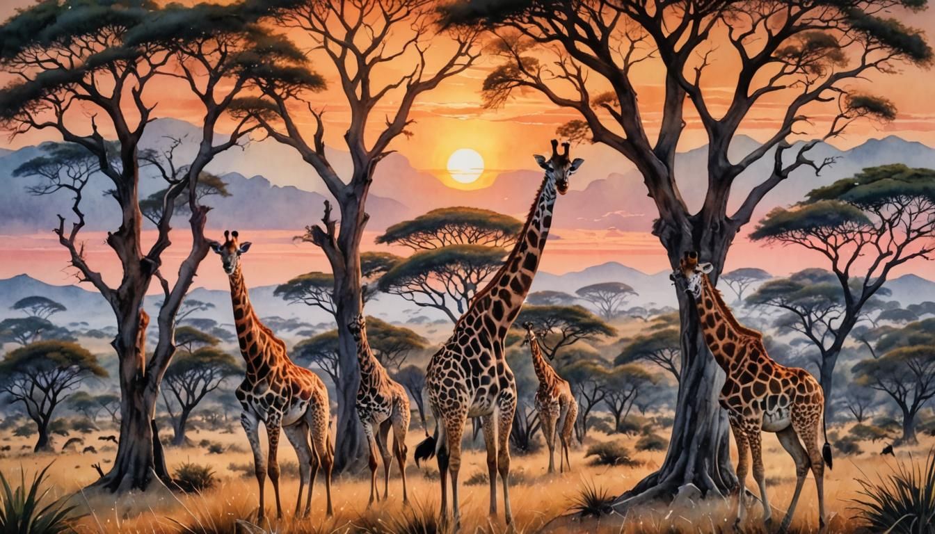 Serengeti Sunset with Giraffes in Watercolor Style
