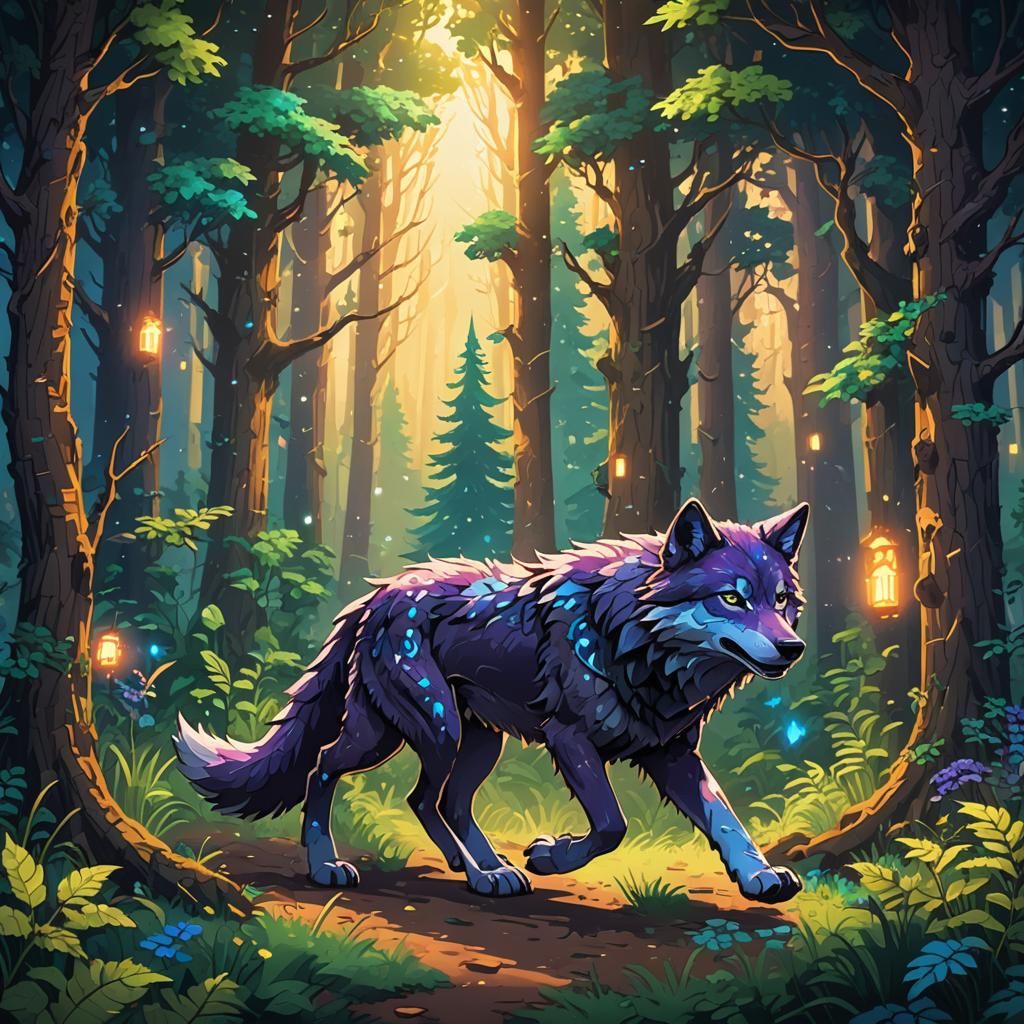 Mystical Wolf Runs Through Forest in Pixel Art