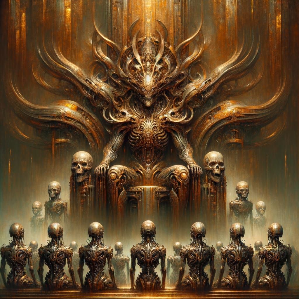 Alien Deity on Skull Throne in Dystopian Sci-Fi