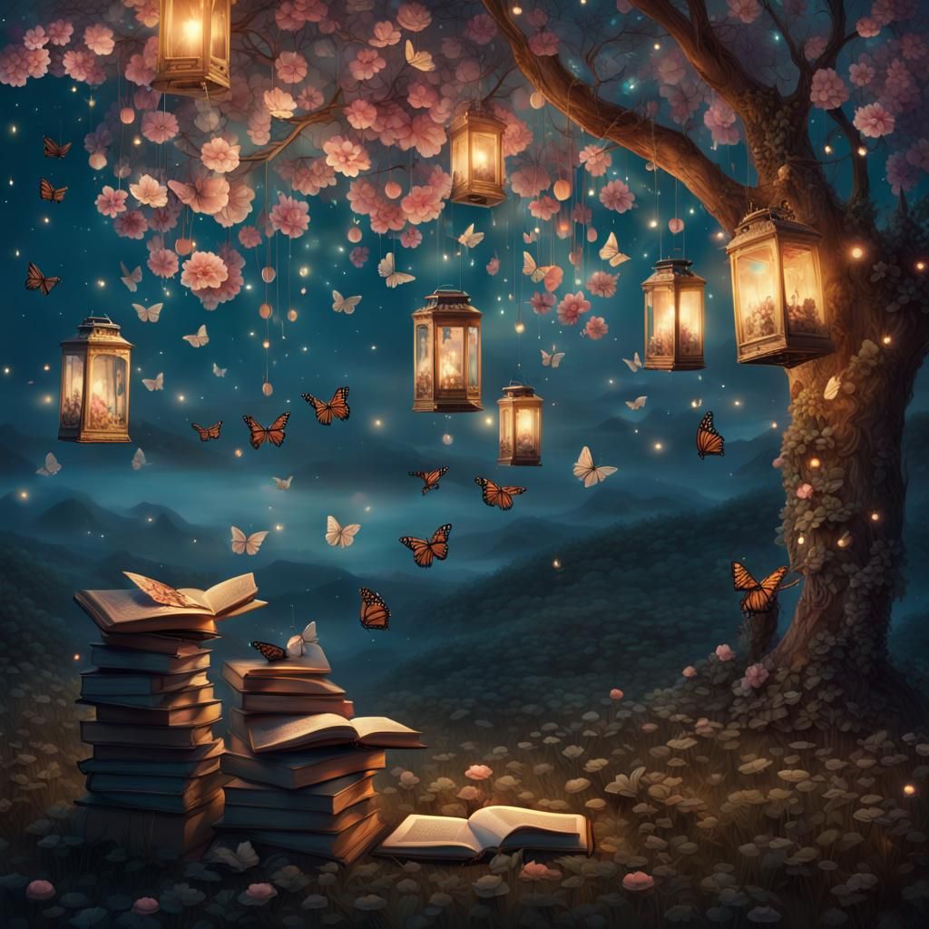 Enchanted Hanging Books and Lanterns in Pastel Garden